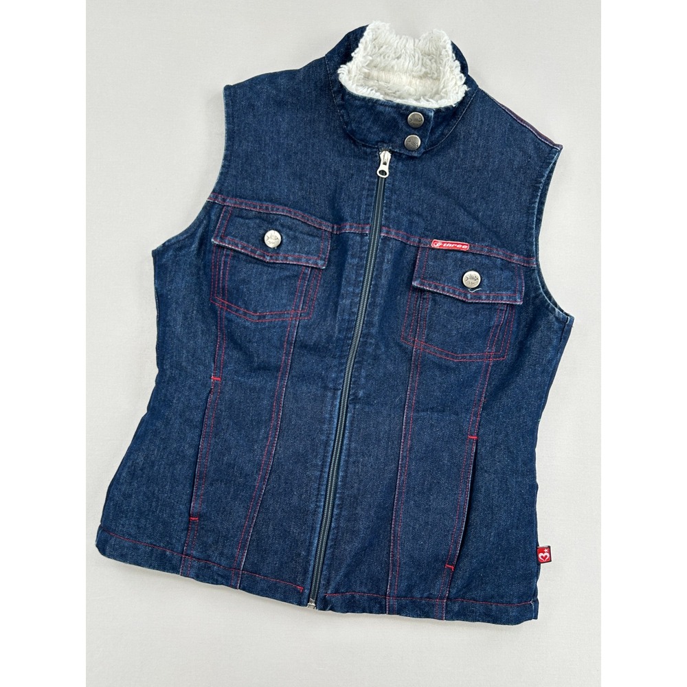 Women's Three Stones Denim Vest Dark Wash Red Stitch Faux Shearling Zip Sz M